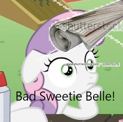 Size: 498x496 | Tagged: safe, sweetie belle, pony, unicorn, 1000 hours in ms paint, 1000 years in photoshop, exploitable meme, female, filly, horn, image macro, meme, ms paint, newspaper, solo, sudden clarity sweetie belle, text, two toned mane, white coat, wide eyes