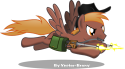 Size: 1202x665 | Tagged: safe, artist:vector-brony, oc, oc only, oc:calamity, pegasus, pony, fallout equestria, battle saddle, brand, branding, fallout, fanfic, fanfic art, gun, hat, male, rifle, saddle bag, shooting, simple background, solo, stallion, transparent background, weapon, wings