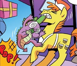 Size: 527x452 | Tagged: safe, artist:brendahickey, edit, idw, carrot cake, spike, dragon, spoiler:comic, spoiler:comicff19, comic, face, mouth hold, out of context, wat