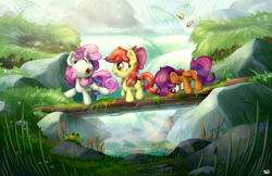 Size: 1700x1100 | Tagged: safe, artist:bobdude0, apple bloom, scootaloo, sweetie belle, butterfly, frog, cutie mark crusaders, eyes closed, grass, log, looking down, moss, open mouth, rainbow, raised hoof, river, rock, scenery, waterfall