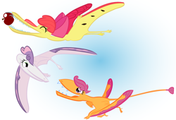 Size: 1088x742 | Tagged: safe, artist:changeling #209458, apple bloom, scootaloo, sweetie belle, pterosaur, apple, cutie mark crusaders, scootaloo can't fly, species swap