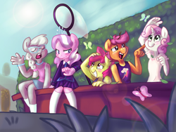 Size: 1024x768 | Tagged: safe, artist:kikirrikitiki, apple bloom, diamond tiara, scootaloo, silver spoon, sweetie belle, anthro, butterfly, earth pony, pegasus, unicorn, blushing, bow, clothes, cutie mark crusaders, eyes closed, female, hair bow, leaves, lens flare, open mouth, school uniform, skirt, smiling, tanktop