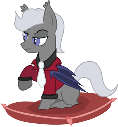 Size: 2888x3108 | Tagged: safe, artist:duskthebatpack, oc, oc only, oc:strobe light, bat pony, pony, clothes, male, necktie, pillow, raised eyebrow, raised hoof, shirt, simple background, sitting, smirk, smug, solo, stallion, suit, transparent background, vector