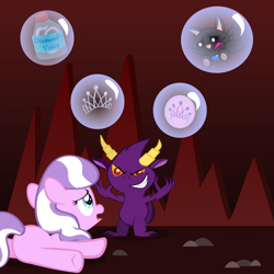 Size: 1000x1000 | Tagged: safe, artist:magerblutooth, diamond tiara, oc, oc:dazzle, oc:il, cat, demon, comic:diamond and dazzle, blank flank, cutie mark, imp, tiara, voice