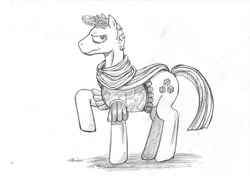 Size: 600x422 | Tagged: safe, artist:bukkoro dai maou, earth pony, pony, gaius julius caesar, grayscale, laurel wreath, male, monochrome, ponified, raised hoof, simple background, solo, stallion, white background