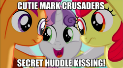 Size: 991x550 | Tagged: safe, screencap, apple bloom, scootaloo, sweetie belle, cutie mark crusaders, female, huddle, image macro, lesbian, meme, scootabelle, scootabloom, shipping, sweetiebloom, sweetiebloomaloo