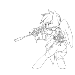 Size: 1500x1500 | Tagged: safe, artist:yunguy1, pony, bipedal, carbine, clothes, gloves, gun, holster, lineart, m4a1, military, monochrome, shirt, socks, solo, undershirt, vest, wip