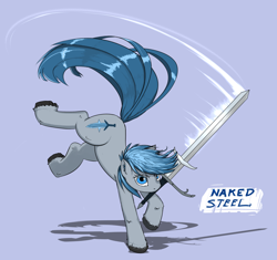 Size: 1280x1205 | Tagged: safe, artist:mod-of-chaos, oc, oc only, oc:naked steel, earth pony, pony, ask-thewarpony, greatsword, mouth hold, simple background, solo, sword, unshorn fetlocks, zweihander