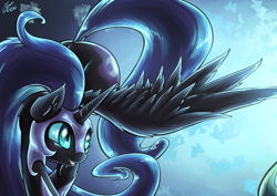 Size: 2047x1447 | Tagged: dead source, safe, artist:lovelyneckbeard, nightmare moon, alicorn, pony, female, helmet, plot, solo, spread wings