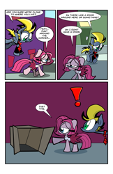 Size: 1242x1920 | Tagged: safe, artist:joeywaggoner, oc, oc only, oc:spotlight, box, comic, diane, exclamation point, pinkie clone, the clone that got away