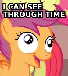 Size: 456x512 | Tagged: safe, scootaloo, season 3, derp, drugs, high, image macro, meme, time travel