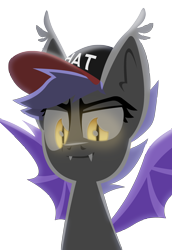 Size: 2578x3750 | Tagged: safe, artist:zvn, oc, oc only, bat pony, pony, bat pony oc, bat wings, cap, fangs, female, hat, lineless, mare, simple background, solo, spread wings, transparent background, wings