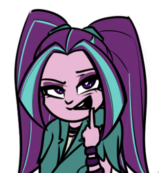 Size: 317x344 | Tagged: safe, artist:mayde-m, aria blaze, equestria girls, clothes, female, fuck you, middle finger, open mouth, simple background, solo, vulgar, white background