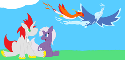 Size: 2816x1364 | Tagged: safe, artist:helix86, oc, oc only, oc:disastral, oc:flare, oc:helix, oc:ridley, phoenix, pony, unicorn, fanart, ice phoenix