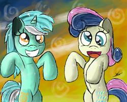 Size: 2500x2000 | Tagged: safe, artist:gusteaureeze, bon bon, lyra heartstrings, sweetie drops, pony, bipedal, derp