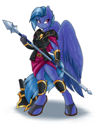 Size: 2452x3168 | Tagged: safe, artist:ambris, commander hurricane, alicorn, anthro, unguligrade anthro, armor, clothes, colored pupils, commission, female, helmet, scar, skirt, solo, spear, weapon