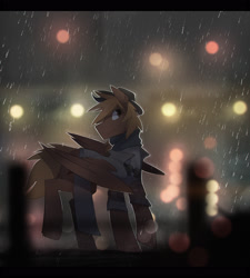 Size: 2400x2667 | Tagged: safe, artist:glacierponi, oc, oc only, oc:calamity, pegasus, pony, fallout equestria, clothes, dashite, fanfic, fanfic art, hat, hooves, male, rain, solo, stallion, wings