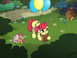 Size: 2560x1920 | Tagged: safe, artist:rainihorn, apple bloom, scootaloo, sweetie belle, bee, earth pony, pegasus, pony, unicorn, balloon, beehive, cutie mark crusaders, female, filly, floating, grass, harsher in hindsight, hilarious in hindsight, honey, this will end in bees, this will end in pain, this will end in tears, this will end in tears and/or death and/or covered in tree sap, tree, tree sap and pine needles, winnie the pooh