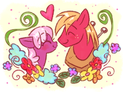 Size: 390x292 | Tagged: safe, artist:nmnkgskds, big macintosh, cheerilee, earth pony, pony, cheerimac, flower, heart, male, pixiv, shipping, stallion, straight