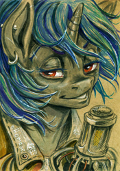 Size: 1720x2458 | Tagged: safe, artist:arainmorn, oc, oc only, oc:homage, pony, unicorn, fallout equestria, bust, fanfic, fanfic art, female, horn, mare, microphone, piercing, portrait, smiling, solo, teeth, traditional art