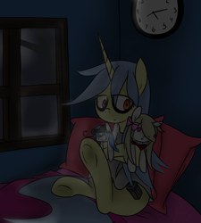 Size: 900x1000 | Tagged: safe, artist:fullmetalpikmin, oc, oc only, oc:viewing pleasure, unicorn, bags under eyes, clock, insomnia, pillow, sleep deprivation