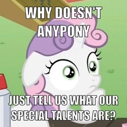 Size: 500x500 | Tagged: safe, sweetie belle, pony, unicorn, exploitable meme, female, filly, horn, image macro, meme, solo, sudden clarity sweetie belle, text, two toned mane, white coat, wide eyes