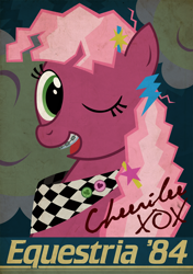 Size: 1000x1423 | Tagged: dead source, safe, artist:equestria-election, cheerilee, 80s, 80s cheerilee, braces, caption, poster, signature, solo, wink