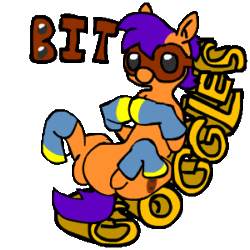Size: 300x300 | Tagged: safe, artist:caitsith511, oc, oc only, oc:bit goggles, animated, bits, clothes, cutie mark, goggles, hoofy-kicks, kneesocks, legs in air, male, simple background, sitting on name, socks, solo, transparent background