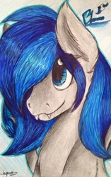 Size: 451x720 | Tagged: safe, artist:wintaura, oc, oc only, oc:blumoon, bat pony, pony, blue, colored pencil drawing, cute, sketch, traditional art