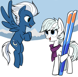 Size: 1076x1063 | Tagged: safe, artist:fiona, double diamond, flightshade, night glider, slalom slopes, earth pony, pegasus, pony, the cutie map, clothes, cute, female, flying, male, nightdiamond, open mouth, rule 63, scarf, shipping, skis, slalomshade, smiling, smirk, snow, spread wings, straight