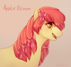 Size: 884x837 | Tagged: safe, artist:neflovira, apple bloom, alternate hairstyle, bow, cute, hair bow, happy, looking at you, older, open mouth, solo