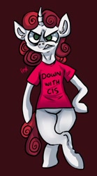 Size: 446x801 | Tagged: safe, artist:trojan-pony, sweetie belle, pony, bipedal, clothes, curved horn, fury belle, shirt, solo