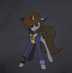Size: 900x920 | Tagged: safe, artist:enma-darei, oc, oc only, oc:littlepip, pony, unicorn, fallout equestria, clothes, fanfic, fanfic art, female, hooves, horn, mare, pipbuck, simple background, solo, vault suit