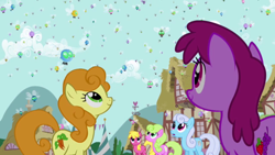 Size: 640x360 | Tagged: safe, screencap, berry punch, berryshine, carrot top, cherry berry, daisy, flower wishes, golden harvest, linky, shoeshine, earth pony, parasprite, pony, swarm of the century, background pony, female, looking up, mare, swarm