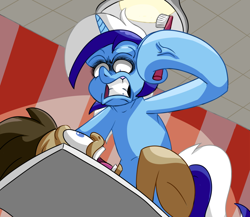 Size: 1024x890 | Tagged: safe, artist:witchtaunter, doctor whooves, minuette, angry, background pony, brush, toothbrush