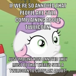 Size: 500x500 | Tagged: safe, sweetie belle, pony, unicorn, alicorn drama, drama, exploitable meme, female, filly, horn, image macro, meme, op is a cuck, op is trying to start shit, solo, sudden clarity sweetie belle, text, two toned mane, white coat, wide eyes