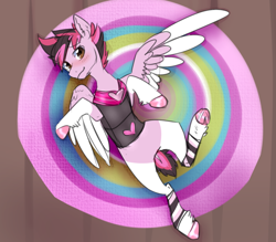 Size: 1024x896 | Tagged: safe, artist:rflzqt, oc, oc only, oc:plyr, pegasus, pony, blushing, clothes, cute, dyed mane, looking at you, lying down, on back, solo