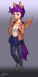 Size: 2104x4240 | Tagged: safe, artist:jggjqm522, scootaloo, human, backpack, clothes, eared humanization, humanized, pony ears, simple background, solo, tailed humanization, winged humanization, wings