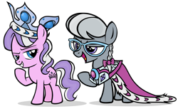 Size: 900x550 | Tagged: safe, artist:pixelkitties, diamond tiara, silver spoon, cape, clothes, crown, glasses, simple background, transparent background