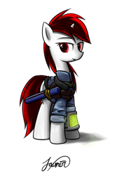 Size: 900x1350 | Tagged: safe, artist:favmir, oc, oc only, oc:blackjack, pony, unicorn, fallout equestria, fallout equestria: project horizons, baton, clothes, fanfic, fanfic art, female, hooves, horn, mare, pipbuck, signature, simple background, smiling, solo, transparent background, vault suit