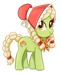 Size: 676x803 | Tagged: safe, artist:tsurime, granny smith, earth pony, pony, adorasmith, bonnet, cute, female, looking at you, looking sideways, mare, simple background, smiling, smiling at you, solo, white background, young granny smith, younger