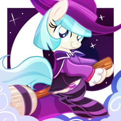 Size: 2000x2000 | Tagged: safe, artist:xwhitedreamsx, coco pommel, broom, clothes, cloud, costume, crescent moon, flying, flying broomstick, hat, looking at you, moon, night, nightmare night costume, sitting, smiling, socks, solo, stars, striped socks, transparent moon, witch, witch hat