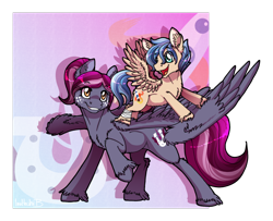 Size: 1024x832 | Tagged: safe, artist:inuhoshi-to-darkpen, oc, oc only, oc:rocket tier, oc:spotlight splash, pegasus, pony, bandage, bandaged leg, duo, equestria daily, equestria daily mascots, feathered fetlocks, female, filly, large wings, mare, mascot, raised hoof, spread wings, unshorn fetlocks, wings