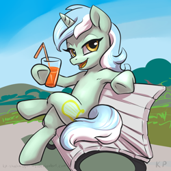 Size: 1500x1500 | Tagged: safe, artist:kp-shadowsquirrel, lyra heartstrings, pony, unicorn, armpits, bench, drink, female, looking at you, mare, open mouth, sitting lyra, solo, straw