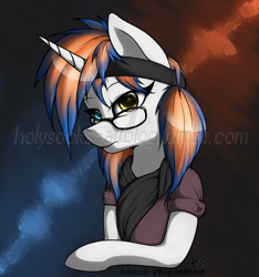 Size: 1500x1600 | Tagged: safe, artist:ho7y5hoxx, oc, oc only, oc:rayliath, pony, unicorn, abstract background, bust, commission, glasses, heterochromia, portrait, rayliath, solo