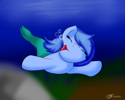 Size: 2560x2048 | Tagged: safe, artist:icy wings, oc, oc only, oc:frost soar, mermaid, merpony, bubble, chest fluff, cute, eyes closed, fluffy, happy, open mouth, signature, smiling, solo, swimming, underwater
