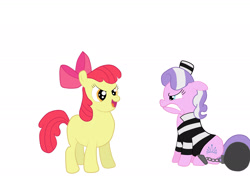 Size: 2160x1571 | Tagged: safe, artist:spellboundcanvas, apple bloom, diamond tiara, ball and chain, clothes, prison outfit, prison stripes, tiarabuse