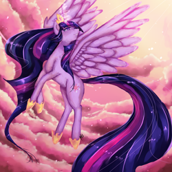 Size: 1500x1500 | Tagged: safe, artist:xkittyblue, twilight sparkle, twilight sparkle (alicorn), alicorn, pony, beautiful, female, flying, hoof shoes, jewelry, mare, older, older twilight, regalia, solo, spread wings, tiara, ultimate twilight, wings