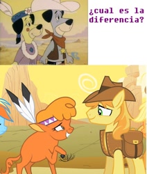 Size: 824x970 | Tagged: safe, edit, screencap, braeburn, little strongheart, over a barrel, braeheart, comparison, female, hanna barbera, male, shipping, spanish, straight, the good the bad and huckleberry hound