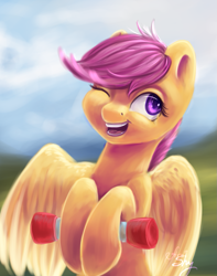 Size: 973x1233 | Tagged: safe, artist:amishy, scootaloo, cute, cutealoo, one eye closed, open mouth, scooter, smiling, solo, wink